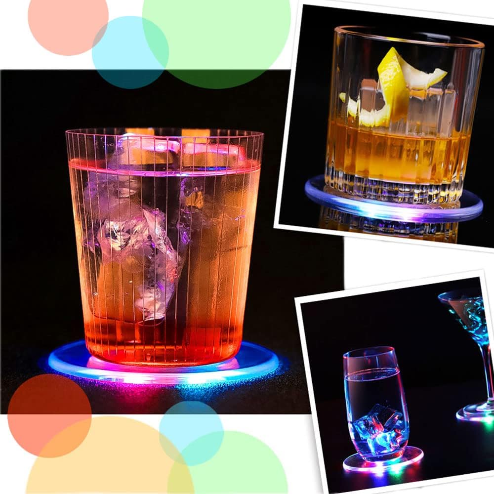 6 PCS Colorful LED Cocktail Coaster, Ultra-Thin LED Drink Coaster Luminous Coaster, Non-slip & Waterproof Transparent Beer Beverage Coasters