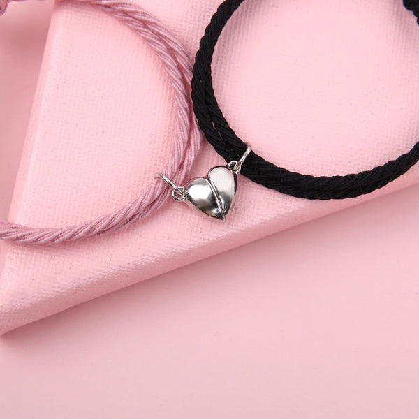 Pair of Magnetic Heart Love Couple Bracelets (1 Pink & 1 Black)